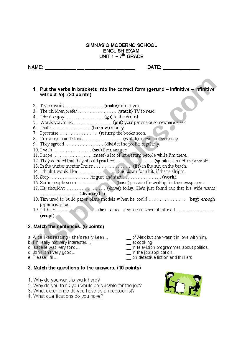 exam on verb patterns  worksheet