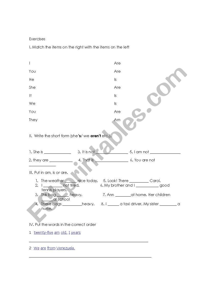 verb to be worksheet