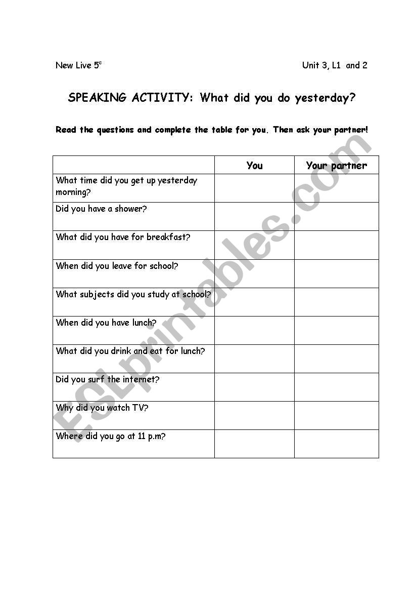 Past Simple Tense - oral pairwork