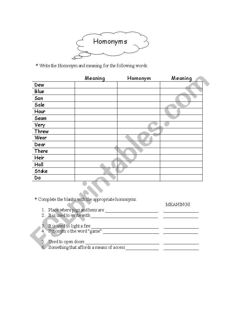 Homonyms worksheet