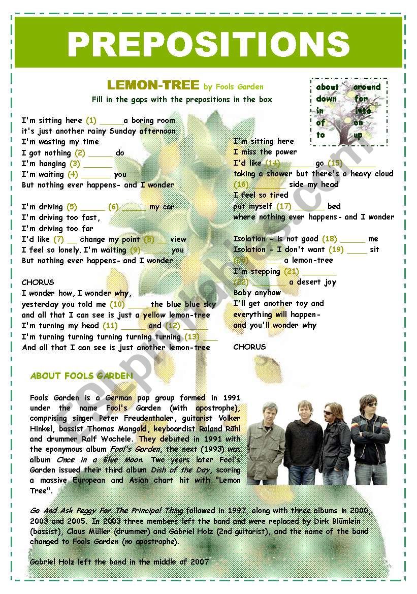 PREPOSITIONS - LEMON TREE worksheet