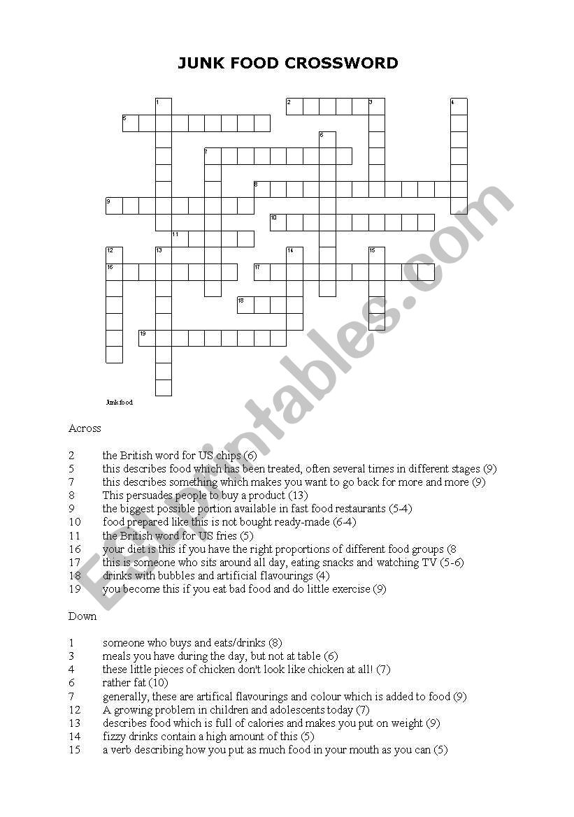 Junk food crossword worksheet