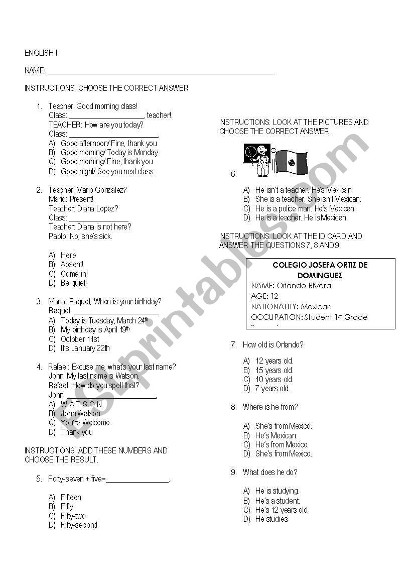 ENGLISH 1 TEST worksheet