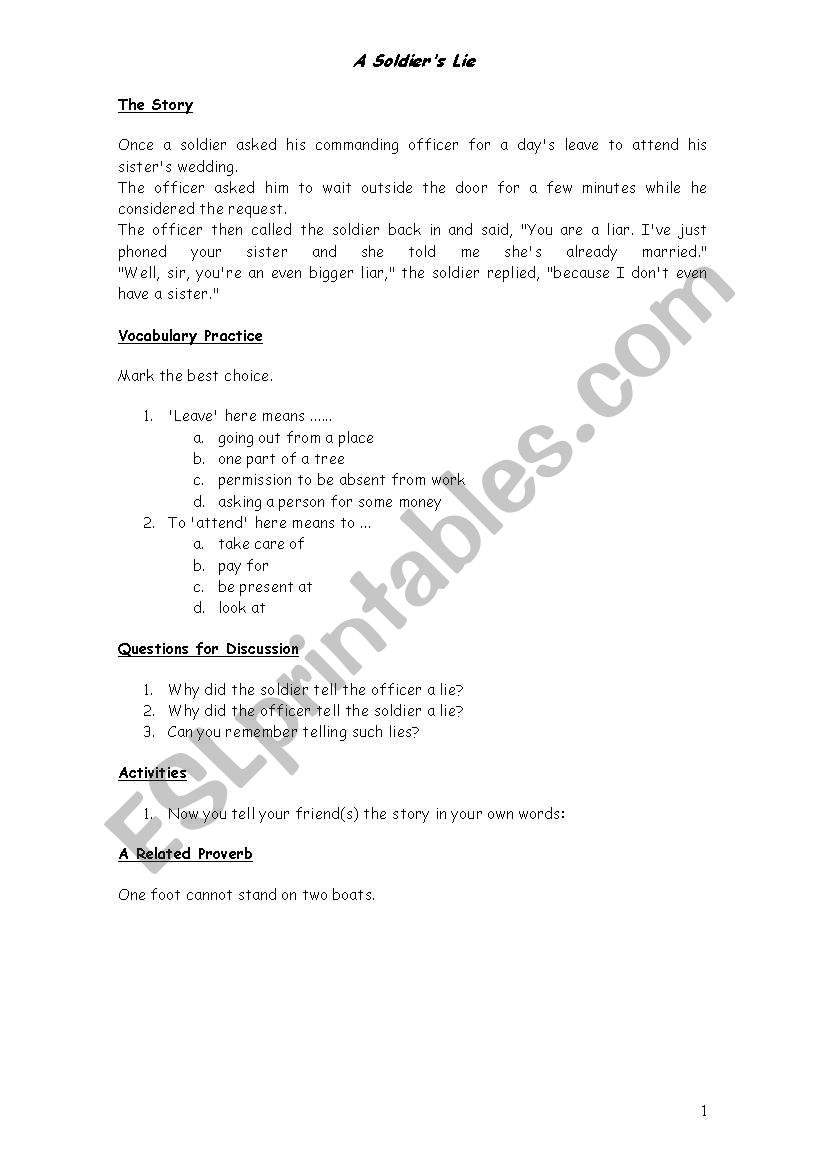 A Soldiers lie worksheet