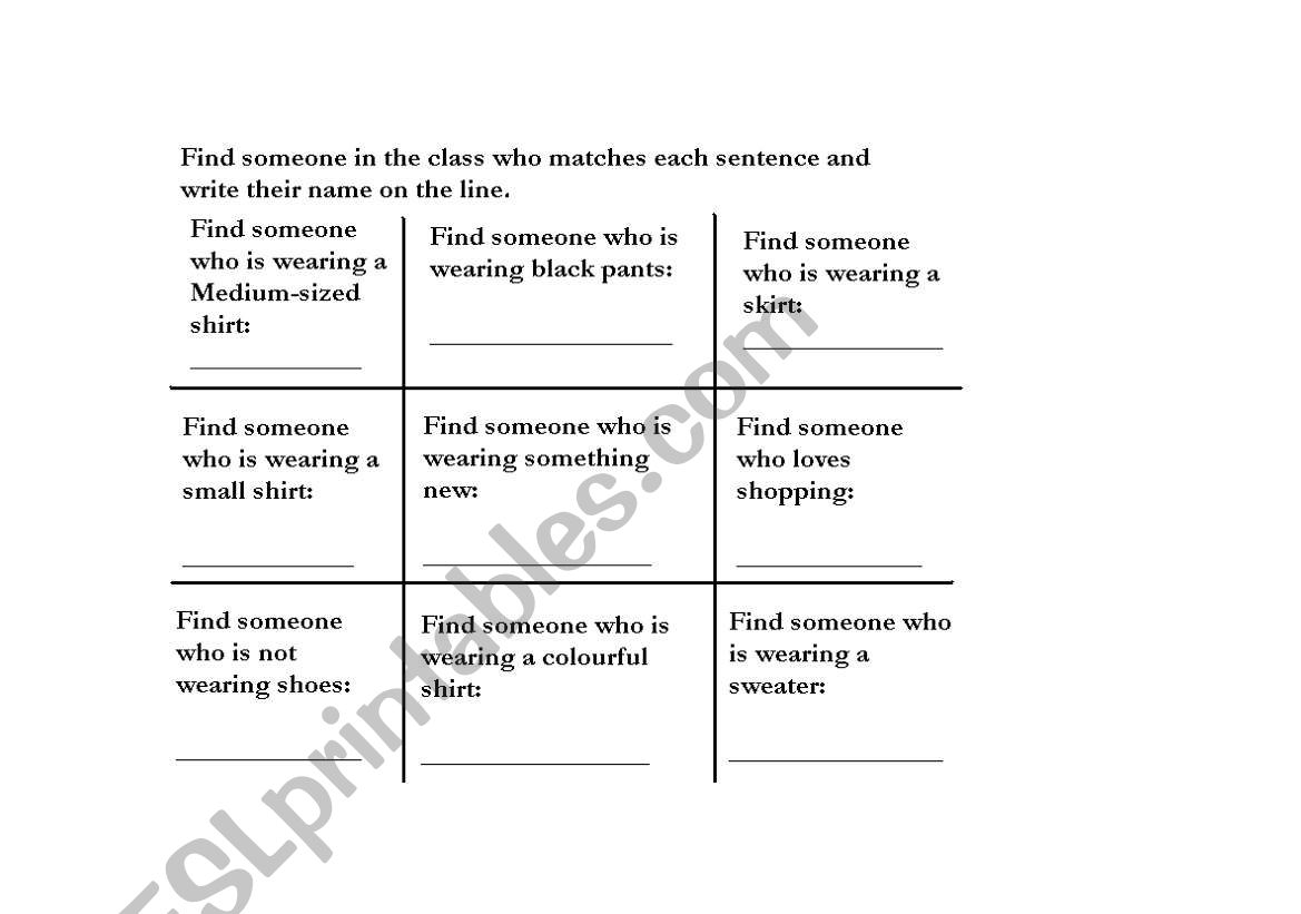 Find Someone Who (Clothing) worksheet