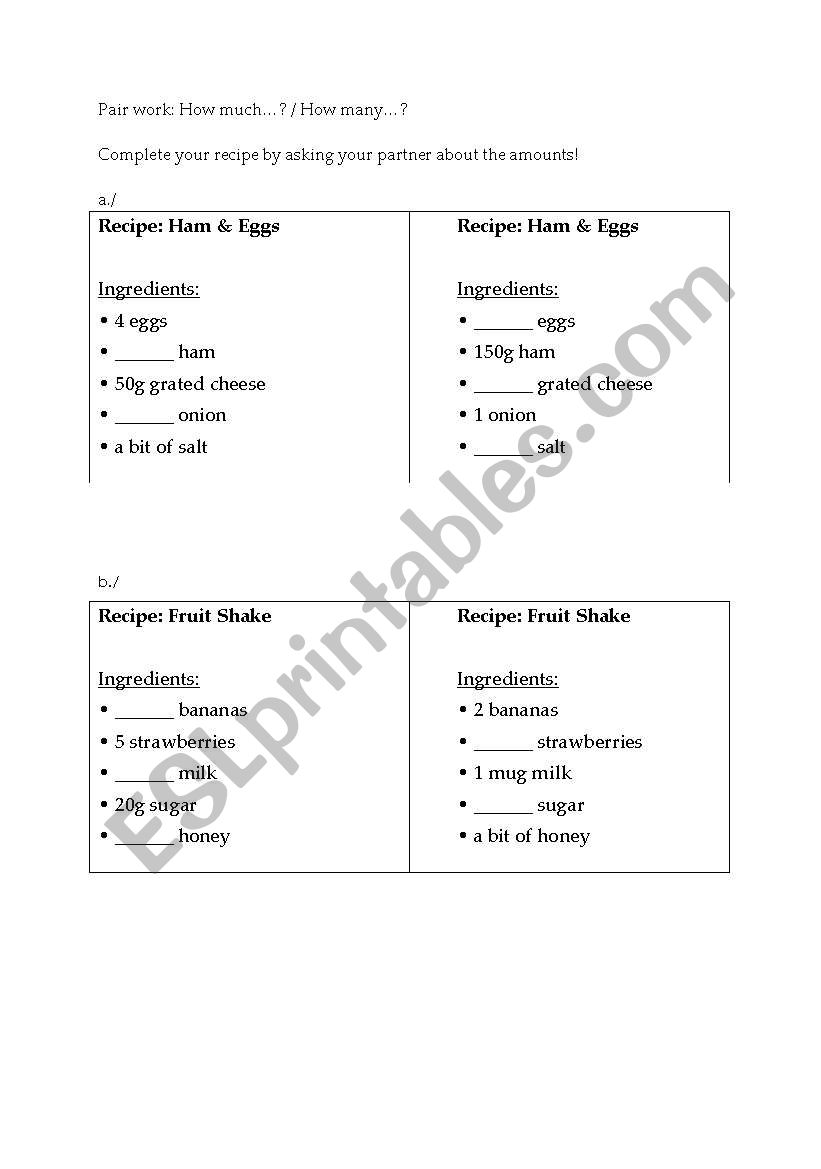 How much / How many - Completing recipes (pair work)