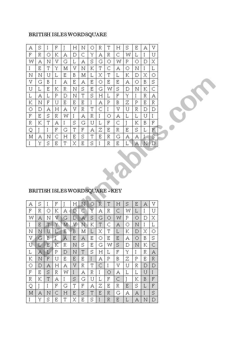 British Isles Wordsquare worksheet