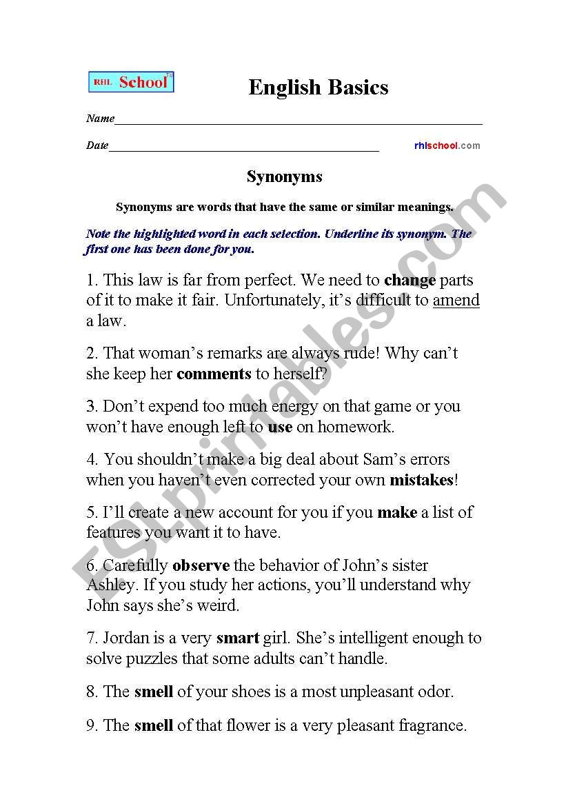 synonyms worksheet