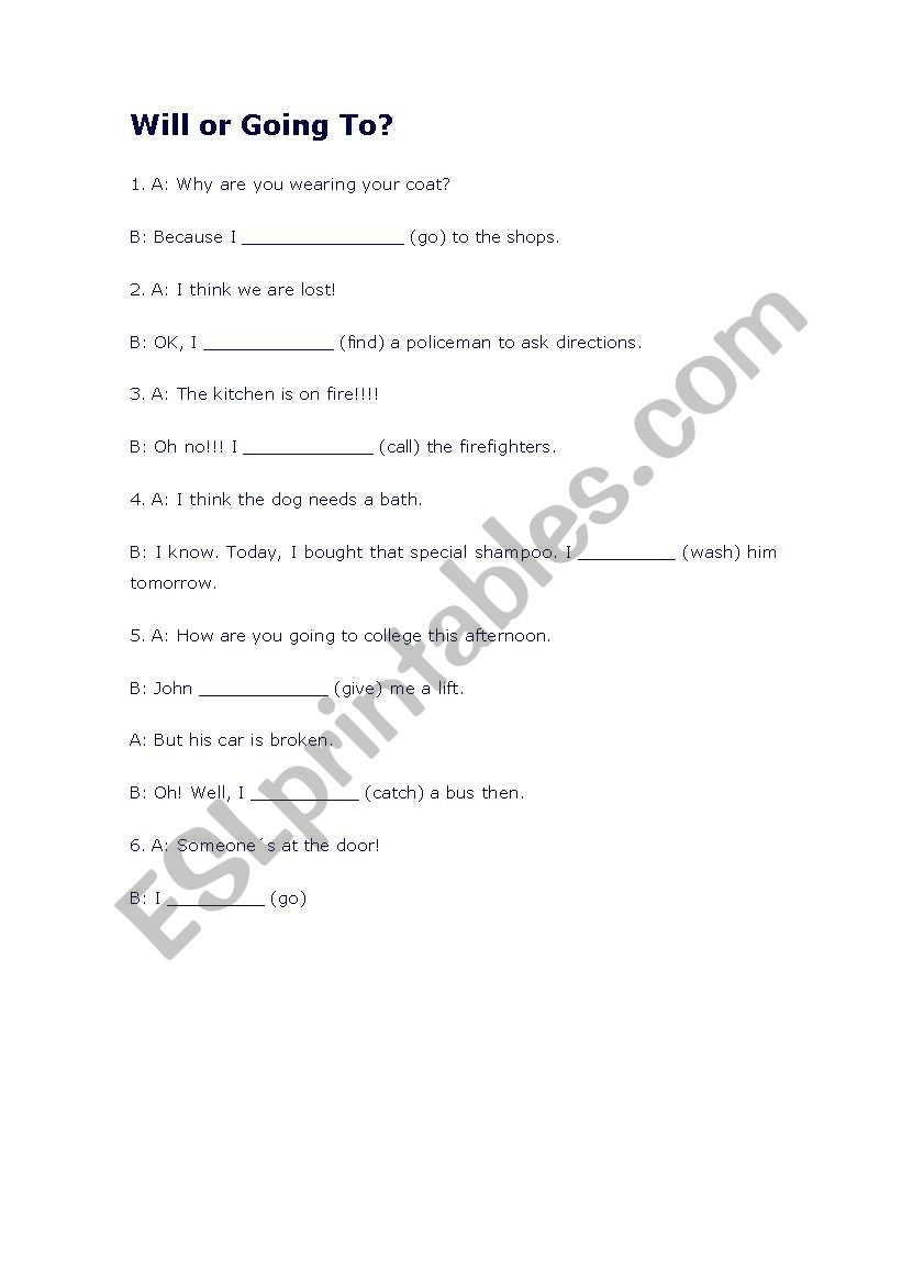 Will or Going to worksheet