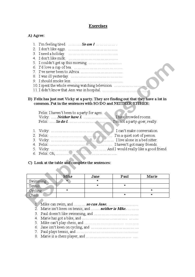 agreements worksheet