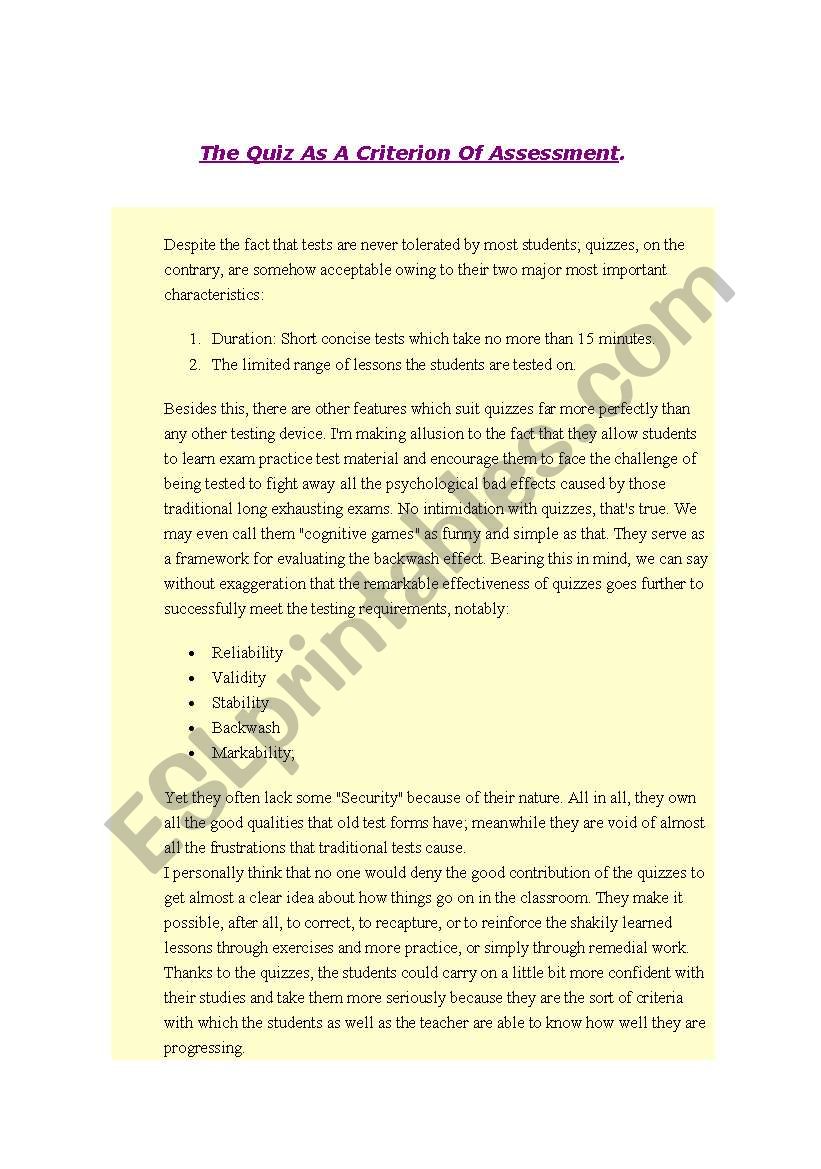 The quiz as a criterion of assessment