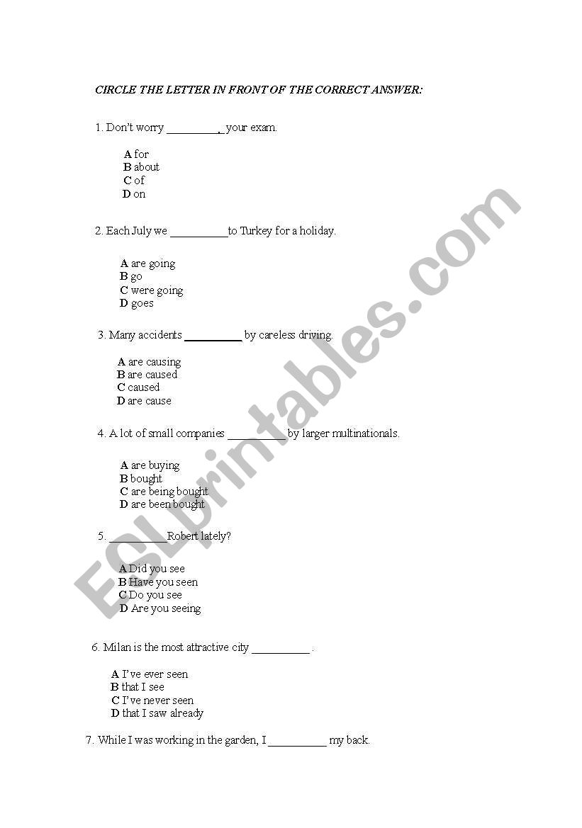 placement test worksheet