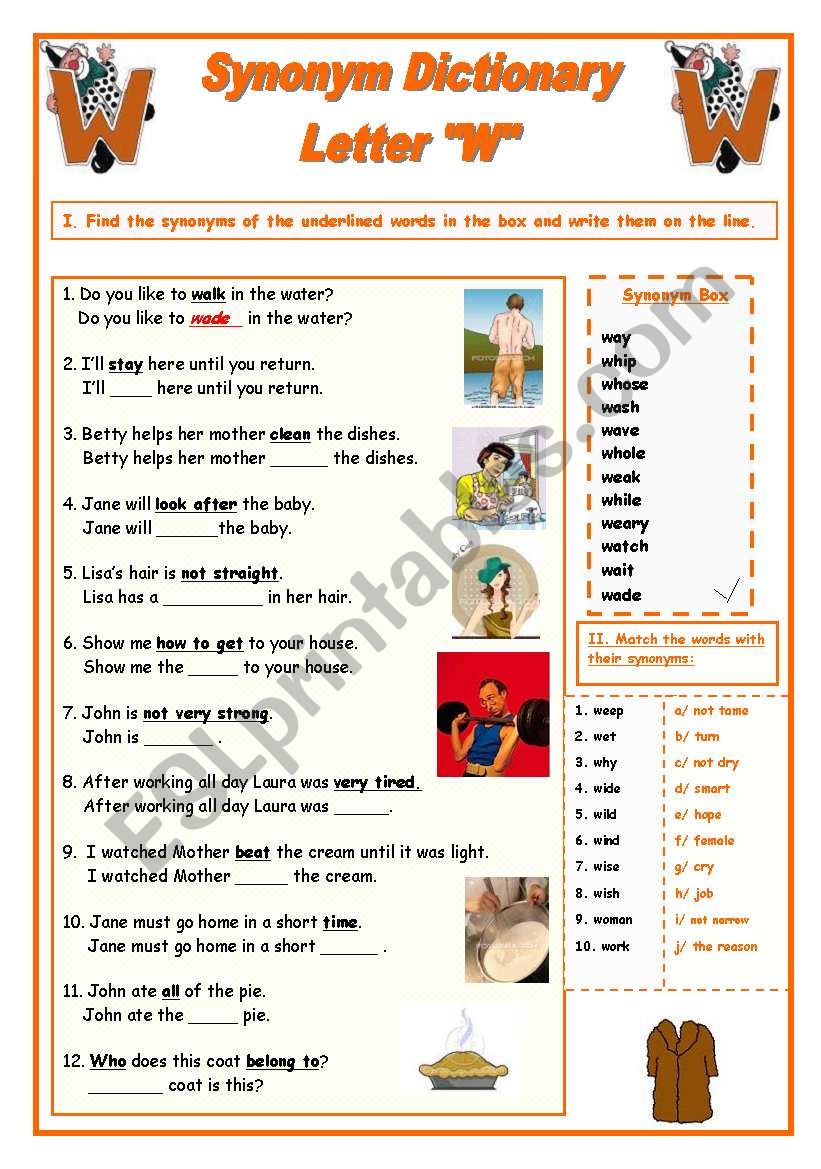 Synonym Dictionary, Letter W worksheet