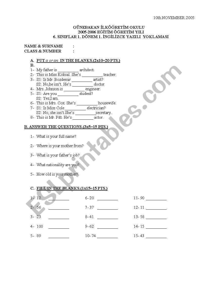 exam worksheet