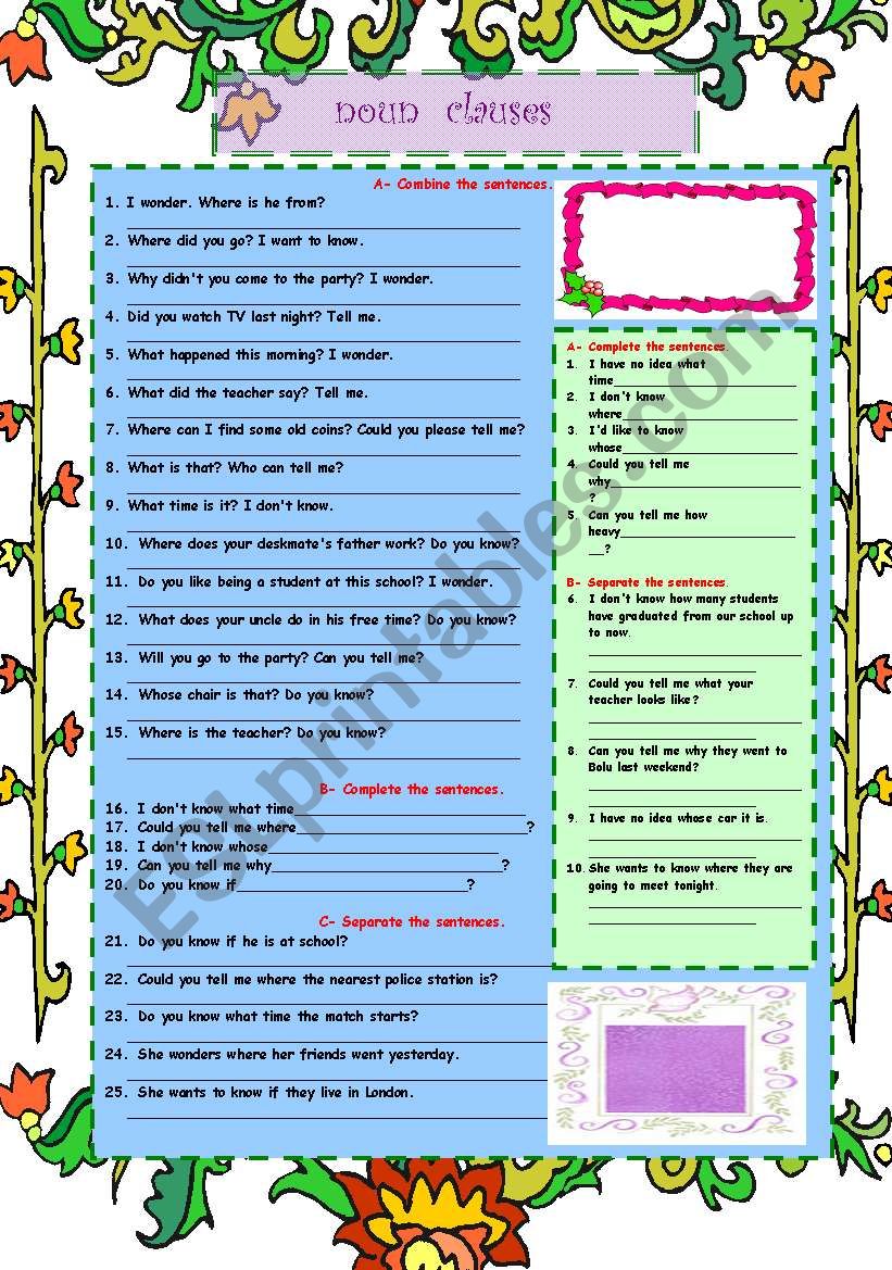 Noun Clause Worksheet For Elementary Students