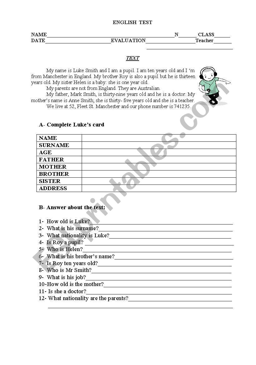 Test on nationalities, family, possessive case and jobs. 