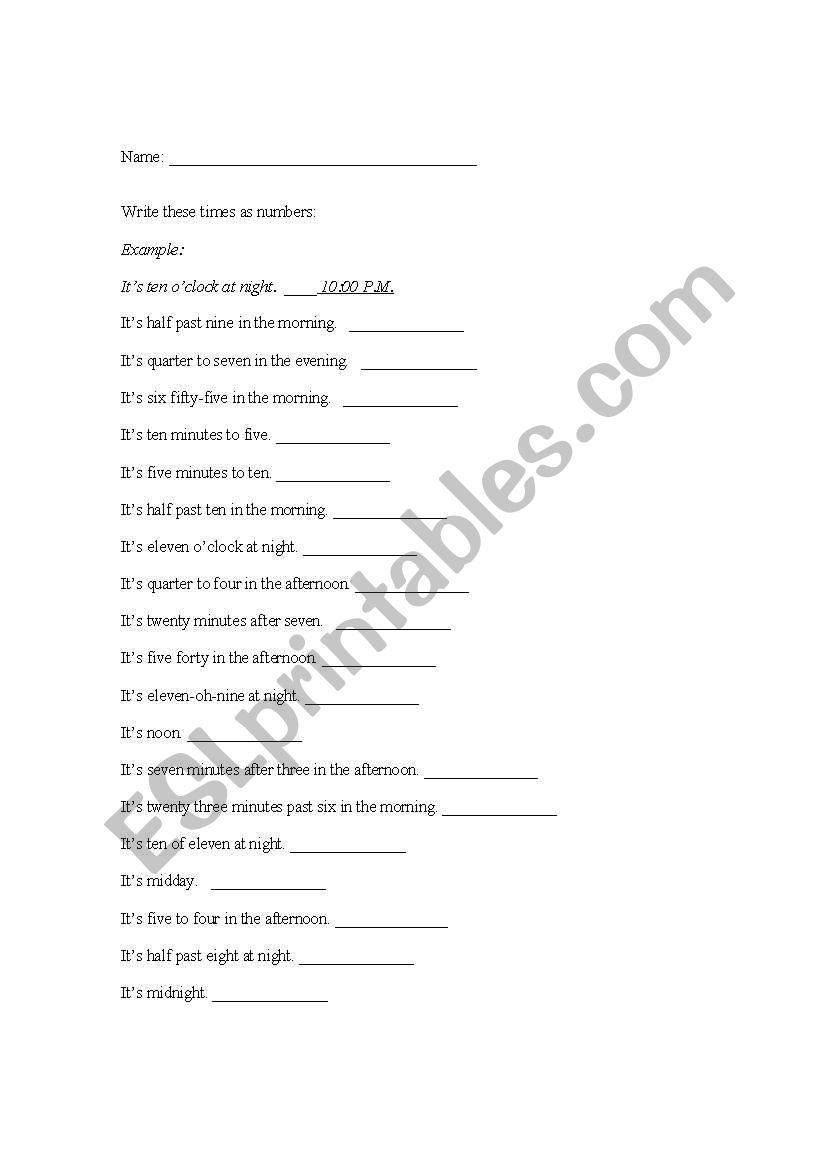 Time: words to numbers  worksheet