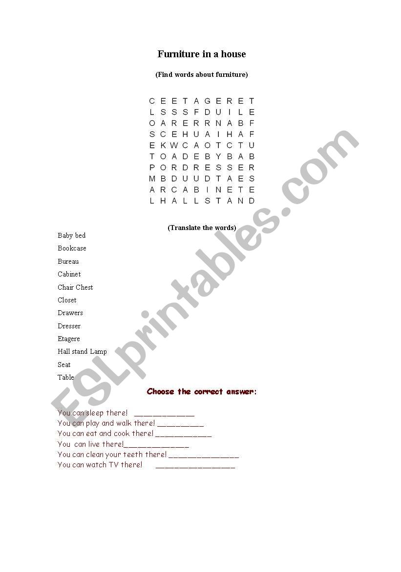 furniture  worksheet
