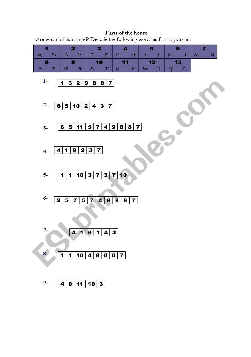  game (parts of the house) worksheet