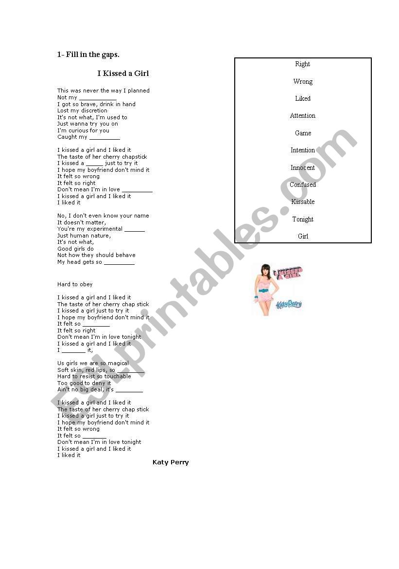 I kissed a girl worksheet