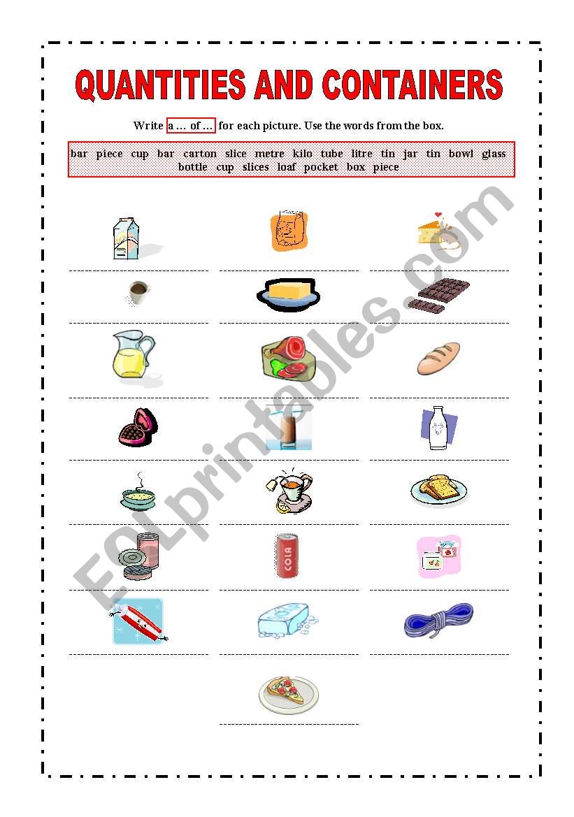 Quantities and containers worksheet