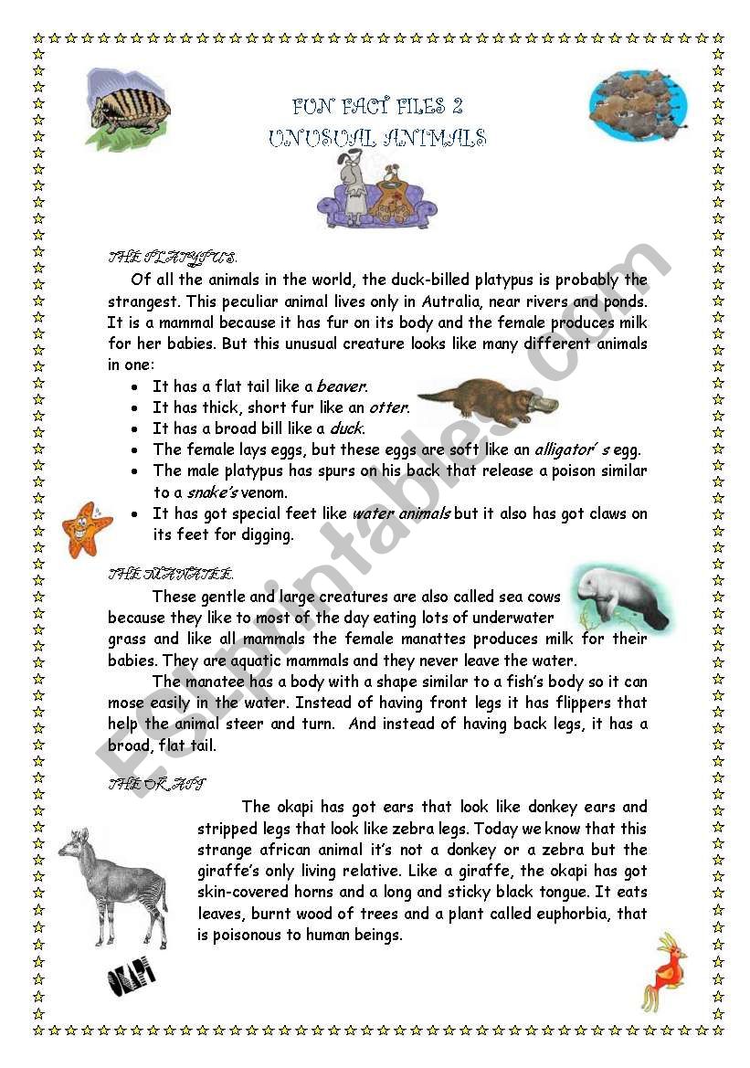 FUN FACTS 2 - UNUSUAL ANIMALS 1/3 - ESL worksheet by nanaduhalde