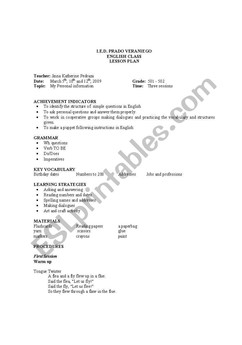 PERSONAL INFORMATION worksheet