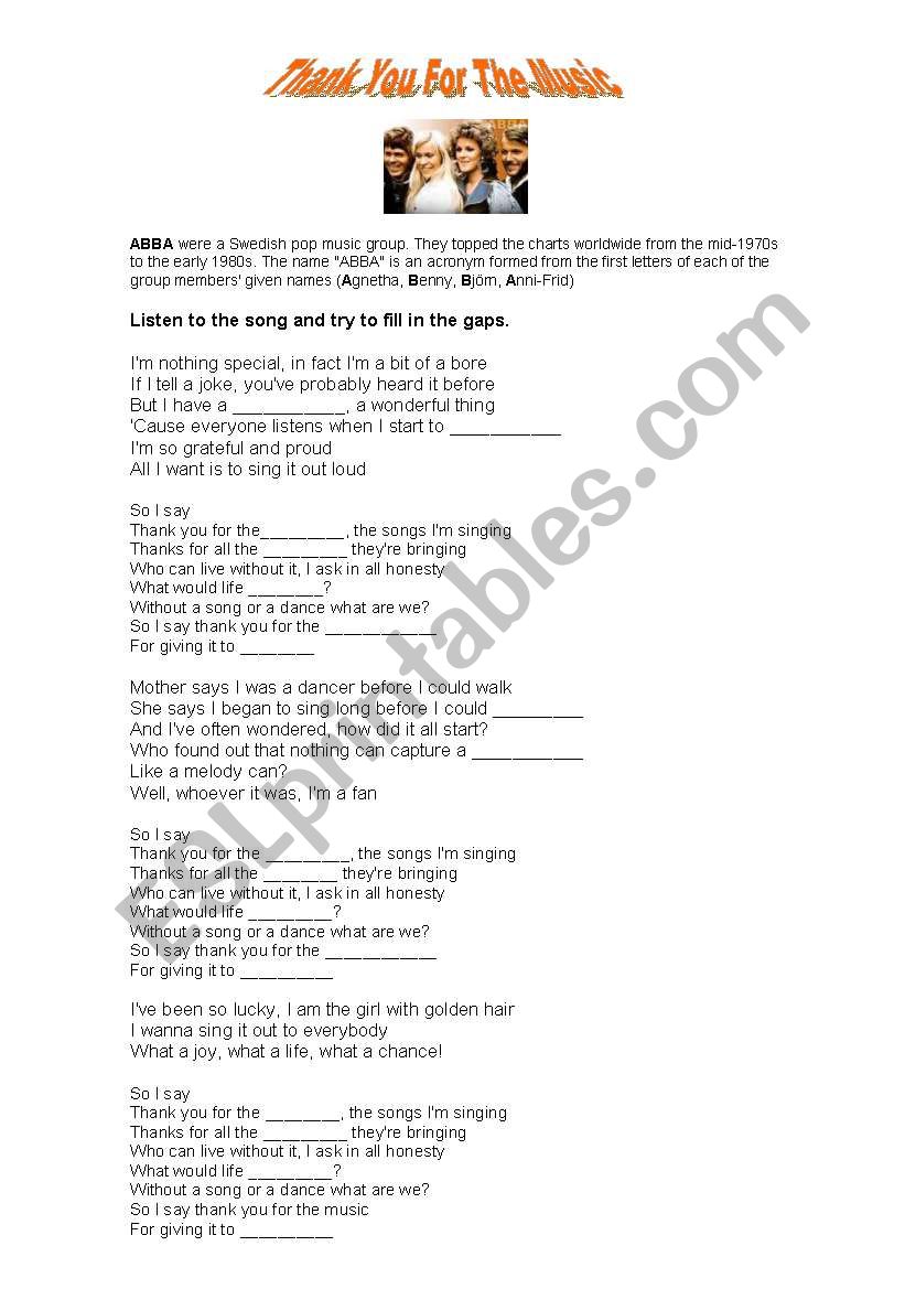 Song: Thank you for the music worksheet