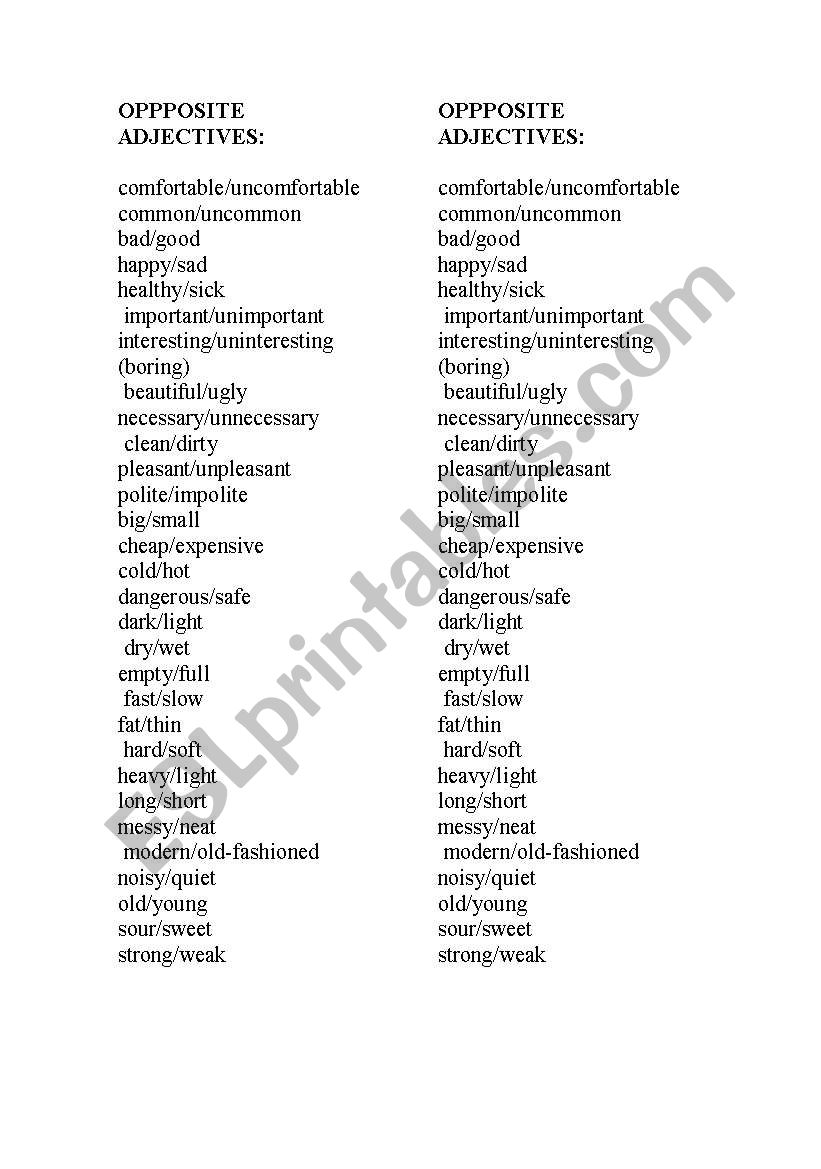 opposite adjectives list worksheet
