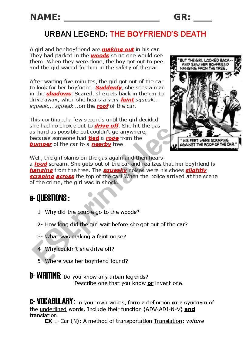 READING+WRITING: Urban Legend - ESL worksheet by _babz