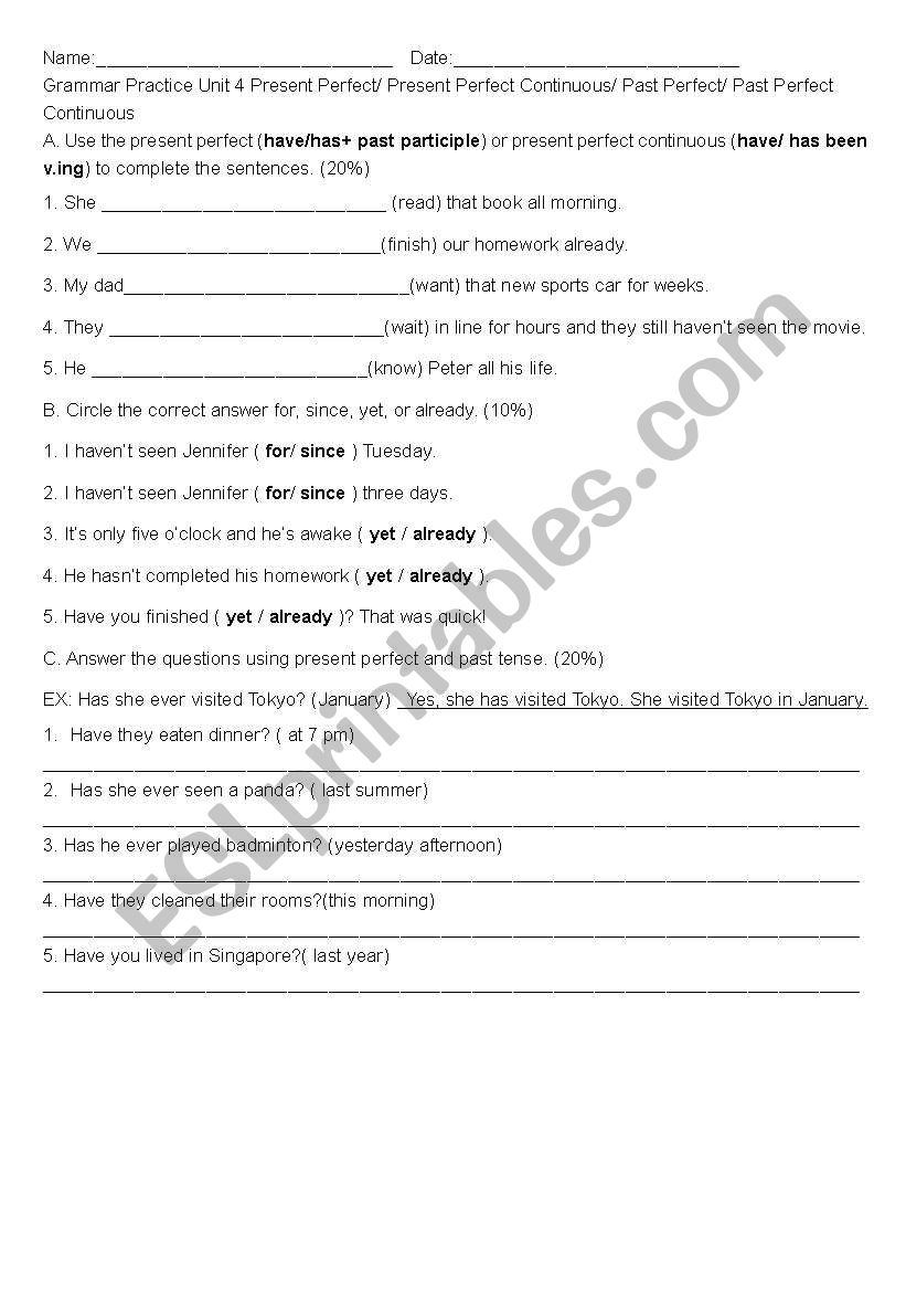 Present Perfect/ Present Perfect Continuous/ Past Perfect/ Past Perfect Continuous Practice Worksheet