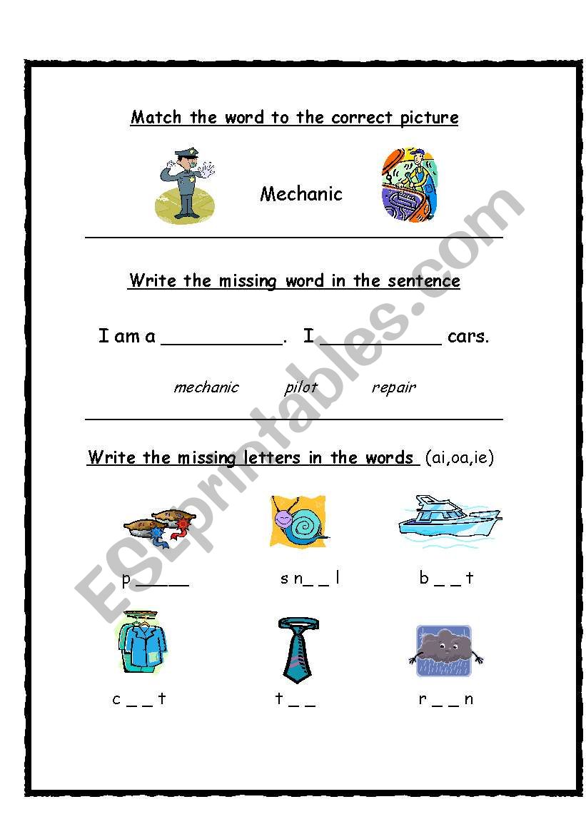 Jobs Mechanic and pilot worksheet