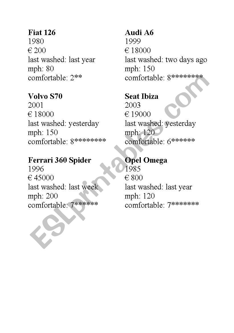 cars comperative worksheet