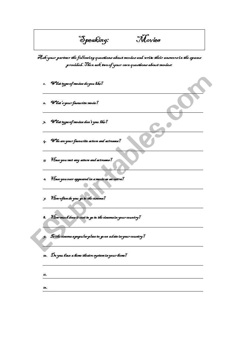 Speaking about movies worksheet