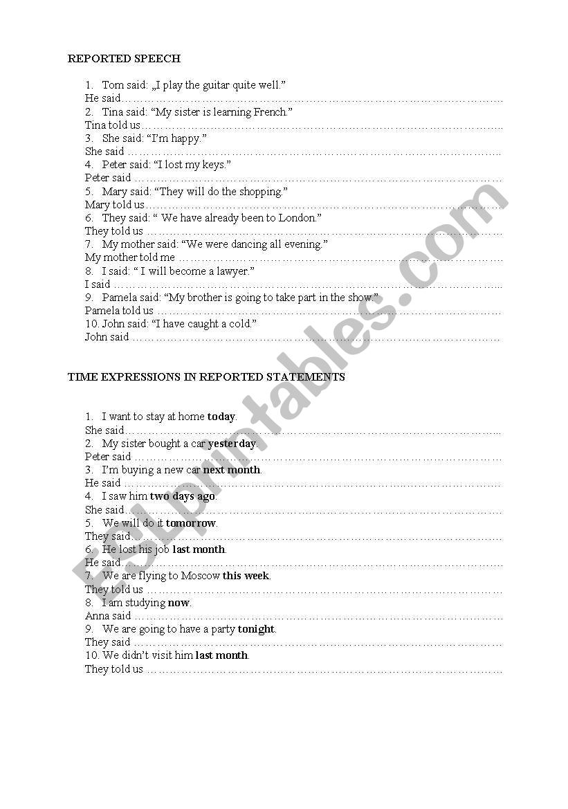 REPORTED SPEECH worksheet