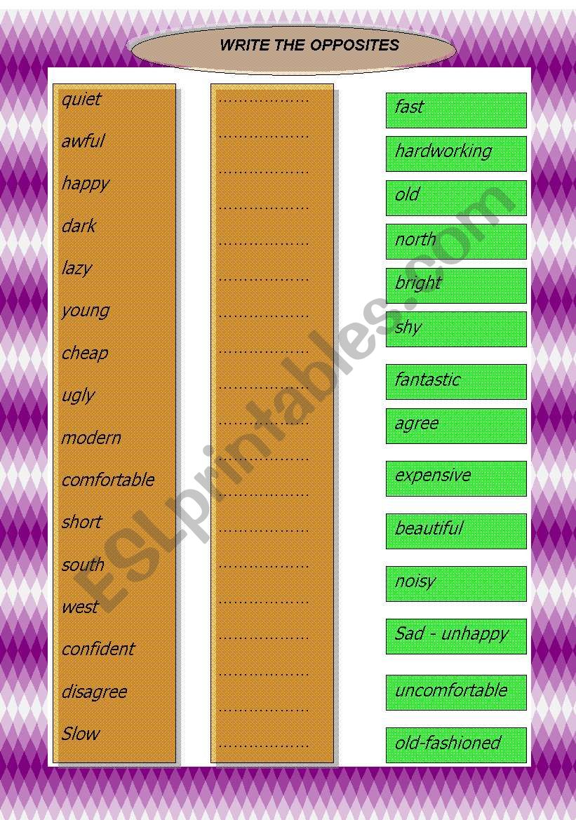 oppsites worksheet