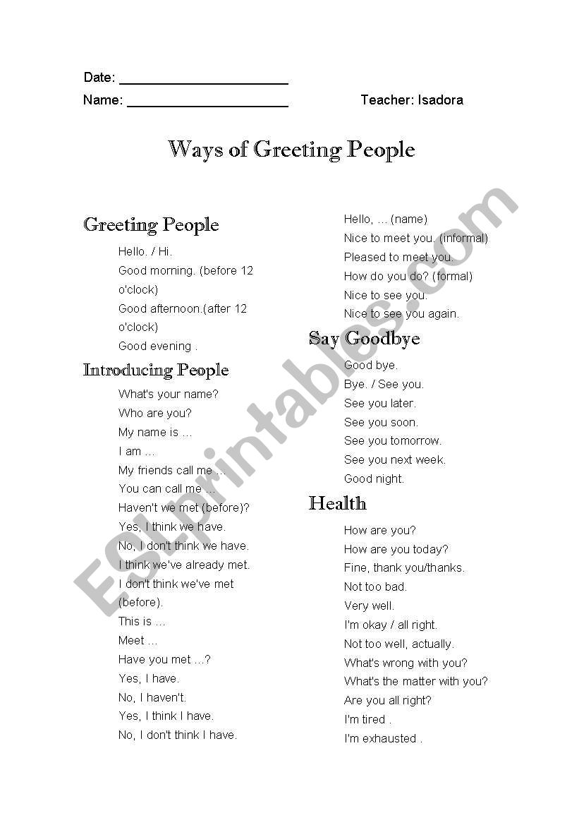 Ways to Greet People worksheet