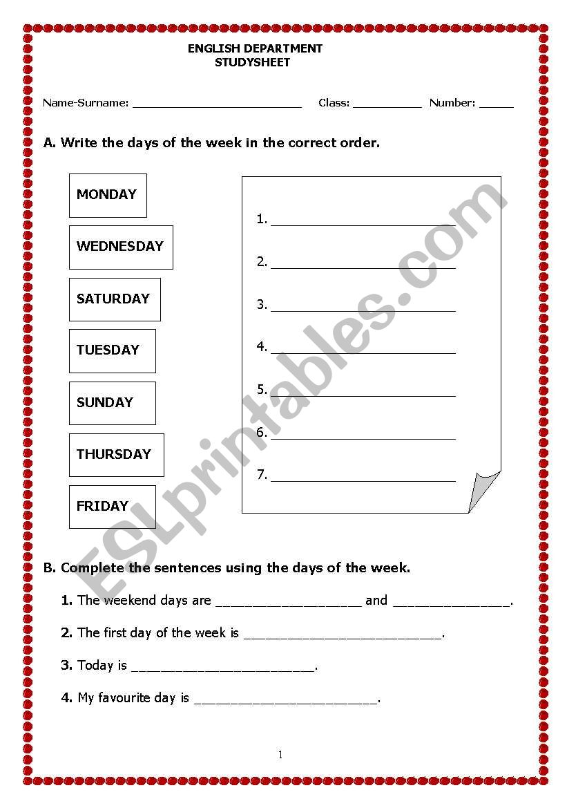 Days and school subjects worksheet