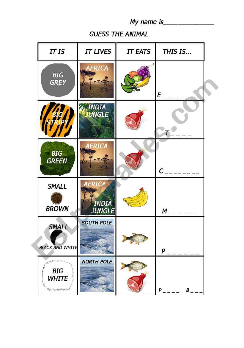 Describe and write the animal worksheet