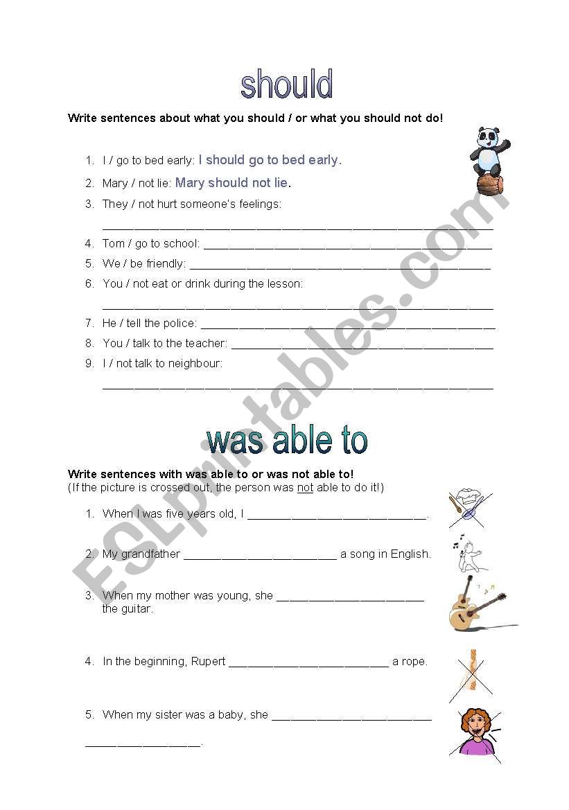 should and was able to worksheet