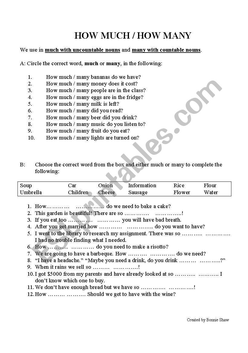 How Much / How Many worksheet