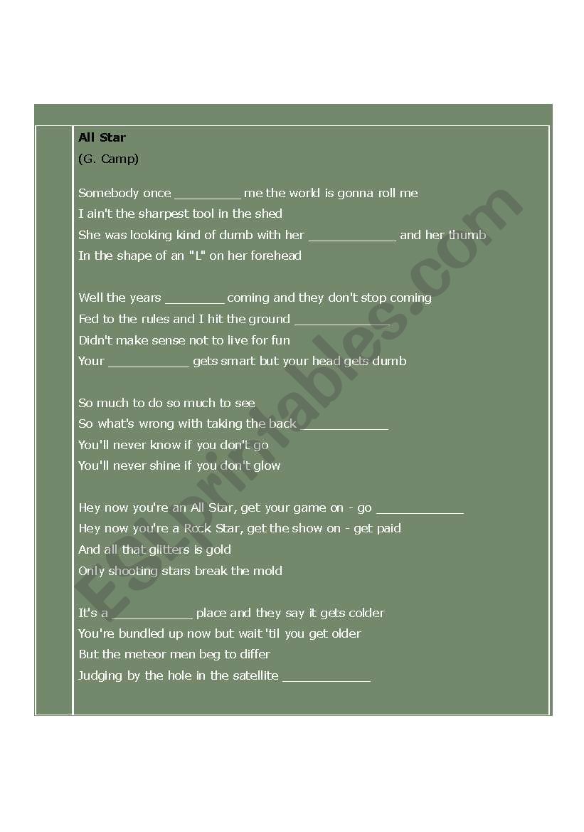 The song All Star worksheet