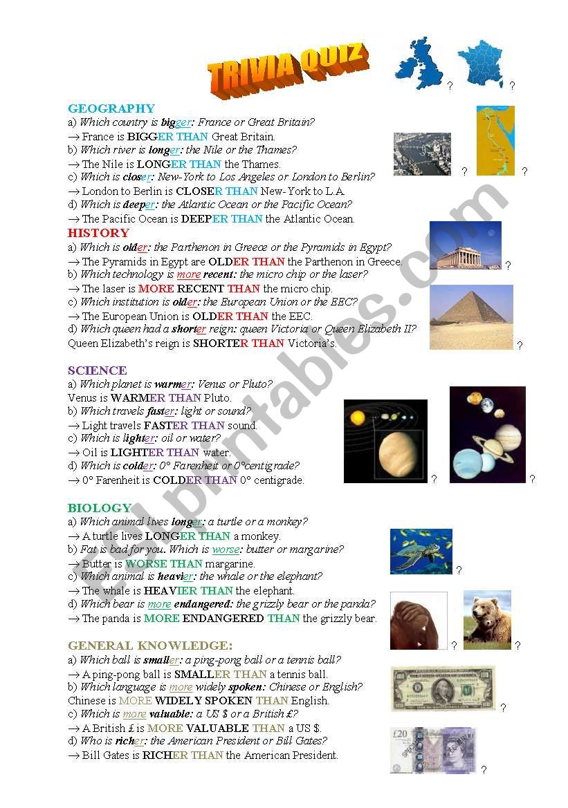 the Comparative: trivia quiz worksheet