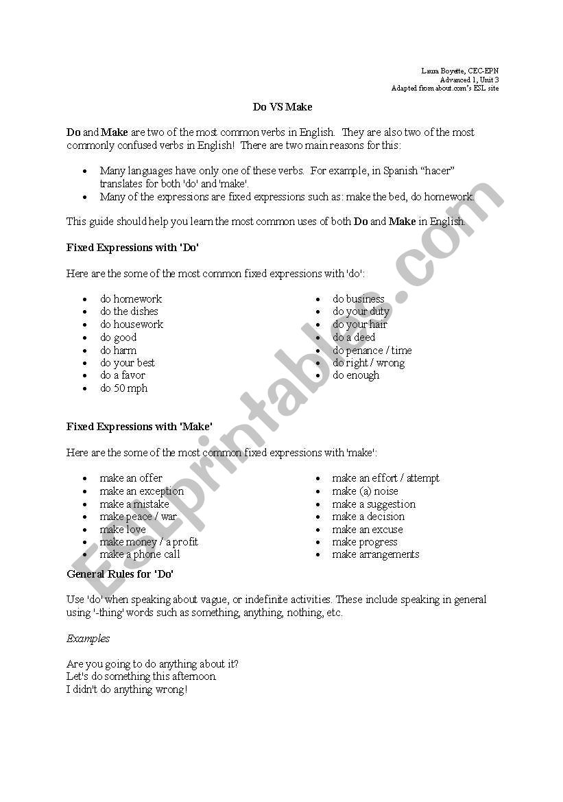 Do vs. Make Handout worksheet