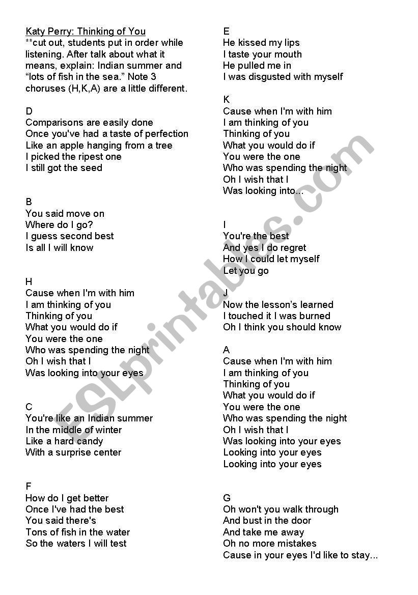 Katy Perry: Thinking of you worksheet
