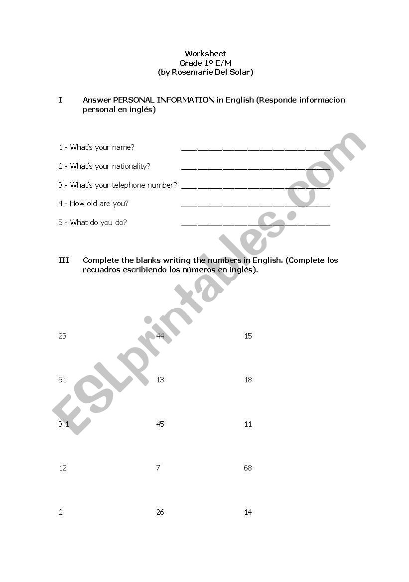 Personal Information, Numbers, Days of the week and Greetings