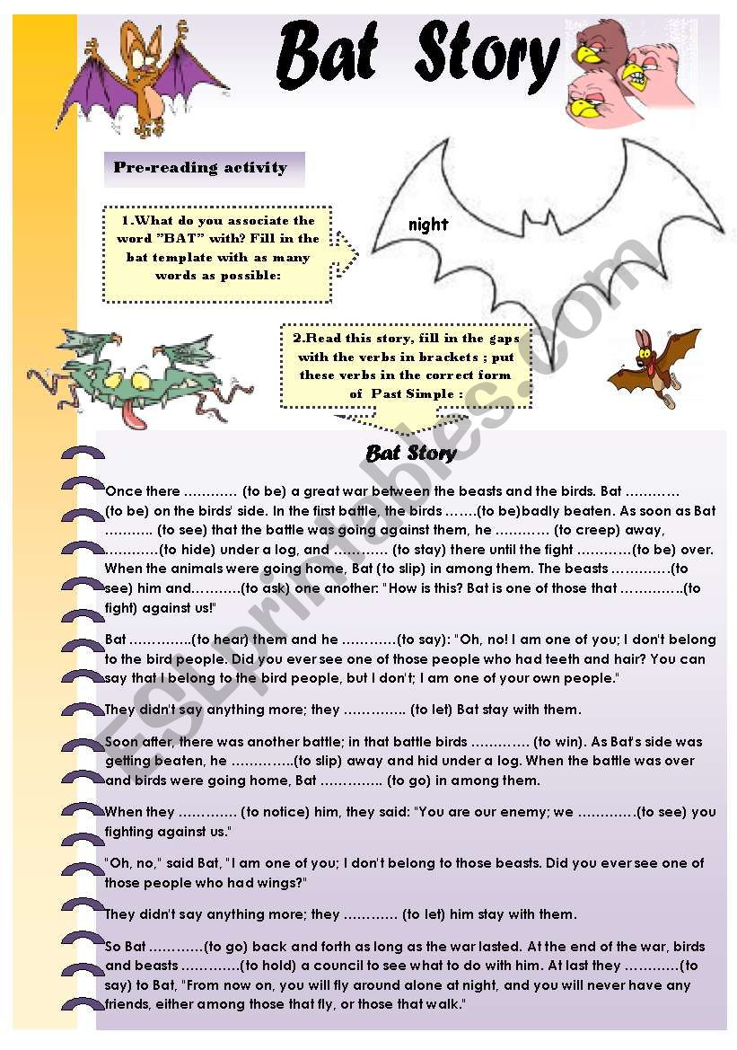 BAT STORY - READING (PAST SIMPLE GAP FILLING) + DIFFERENT ACTIVITIES (2 pages) for upper-elementary and pre-intermediate students