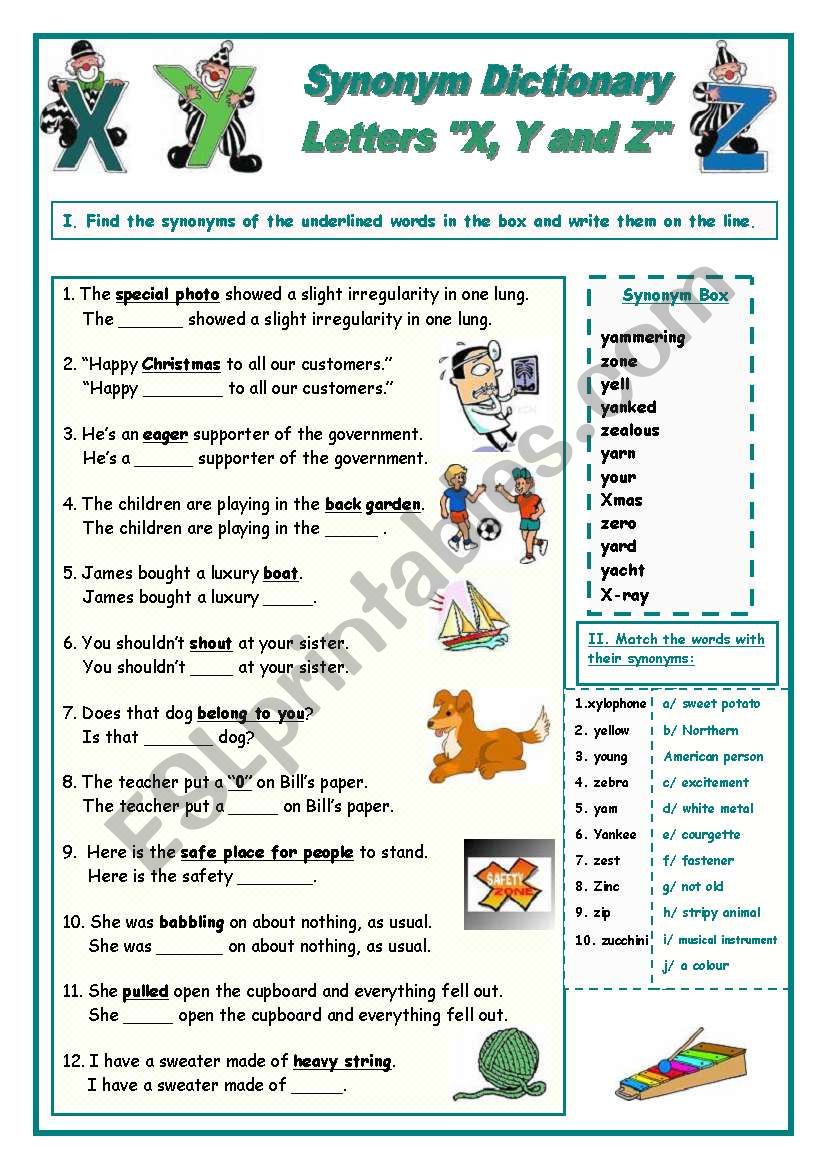 Synonym Dictionary, Letters X, Y and Z