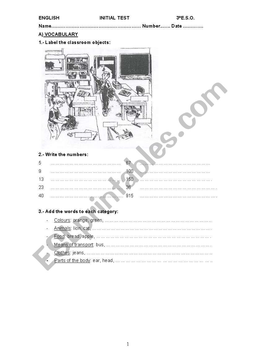 Initial test 3rd eso worksheet