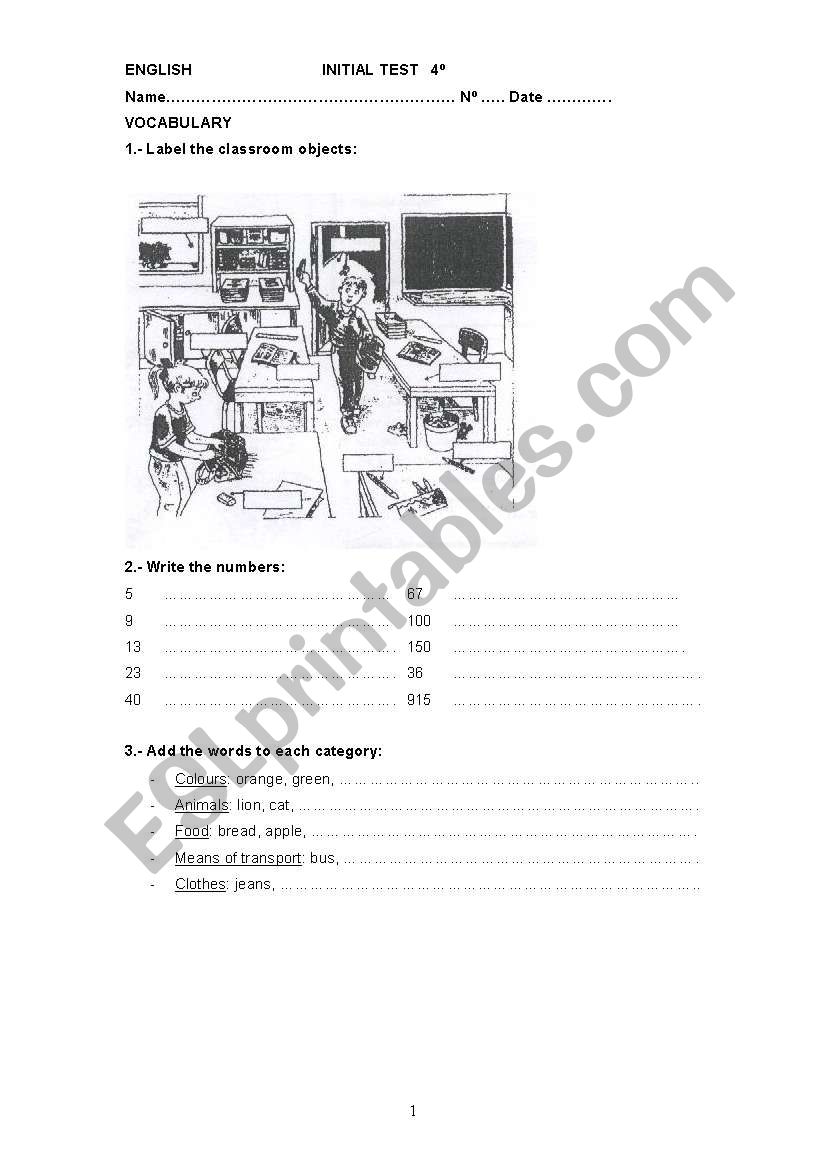 initial test 4th eso worksheet